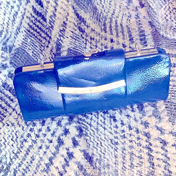 DiY Glam Clutch-Shoulder Handbag Navy Silver Fold Over Snap Closure+Silver Chain - Picture 4 of 16